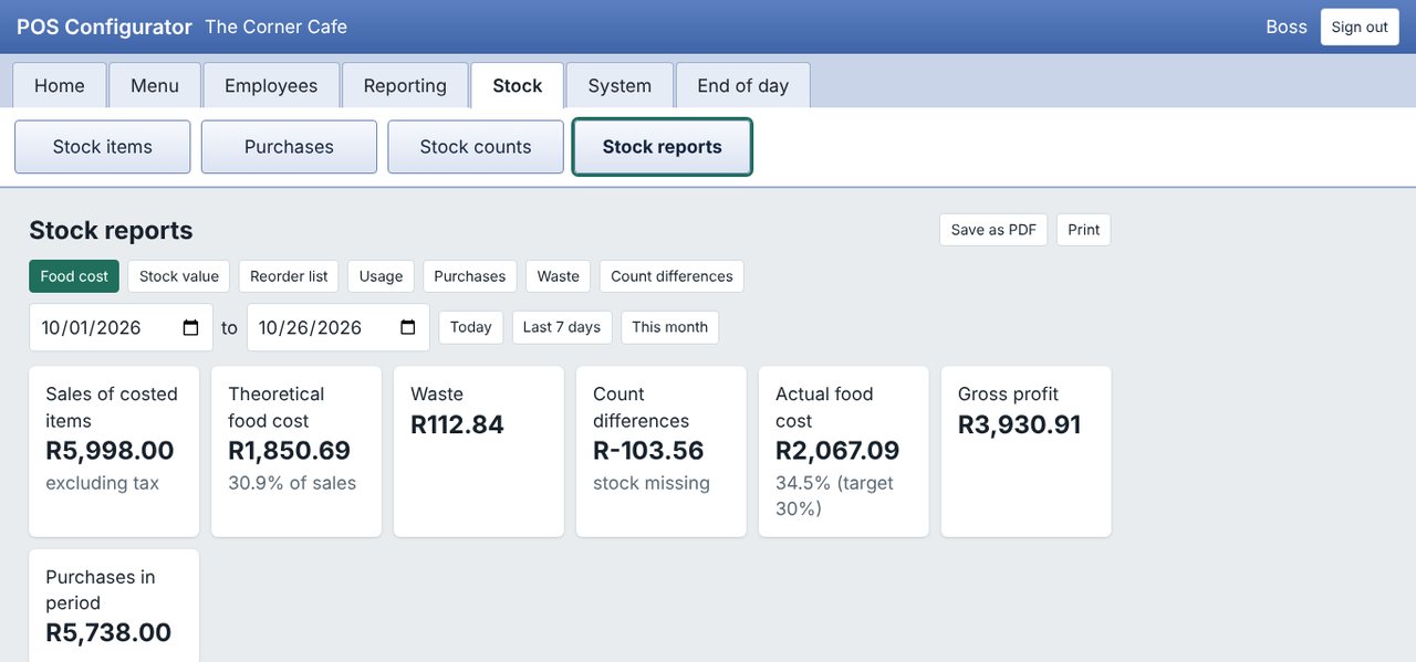 Stock reports showing theoretical and actual food cost