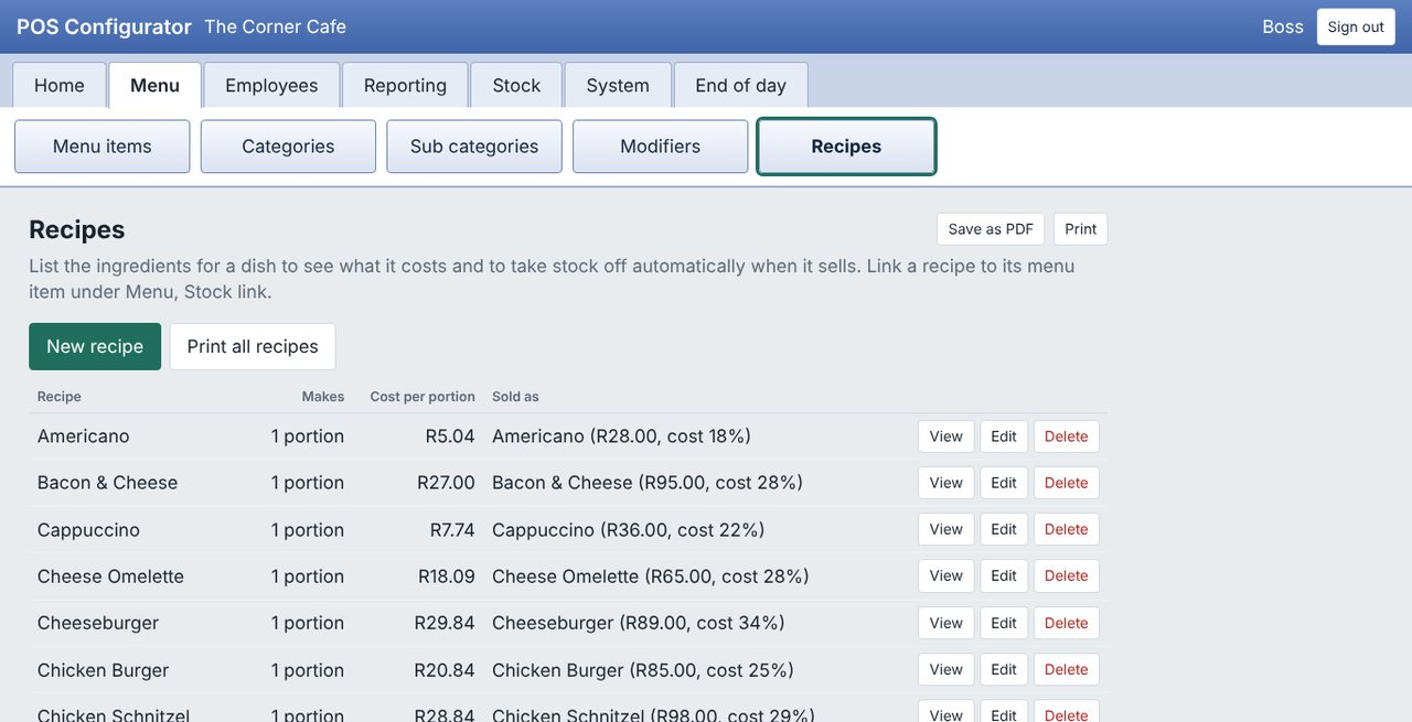 Recipe list with cost per portion