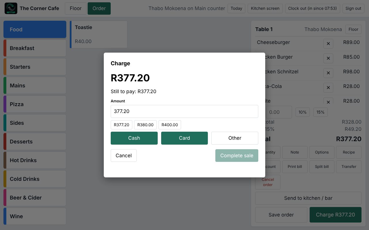 Charge dialog with cash and card buttons