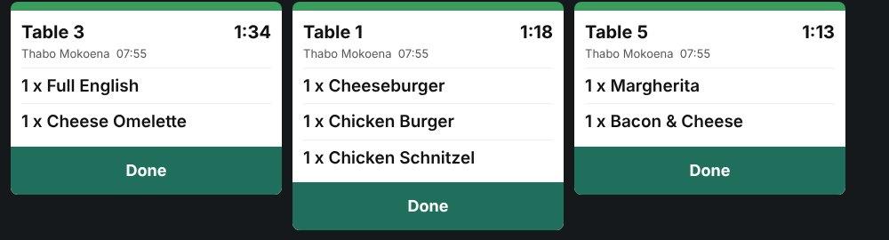 Kitchen screen with order tickets and timers