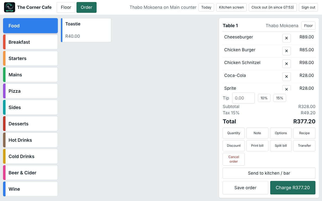 Rettup POS sales screen showing a table order with categories and a running total